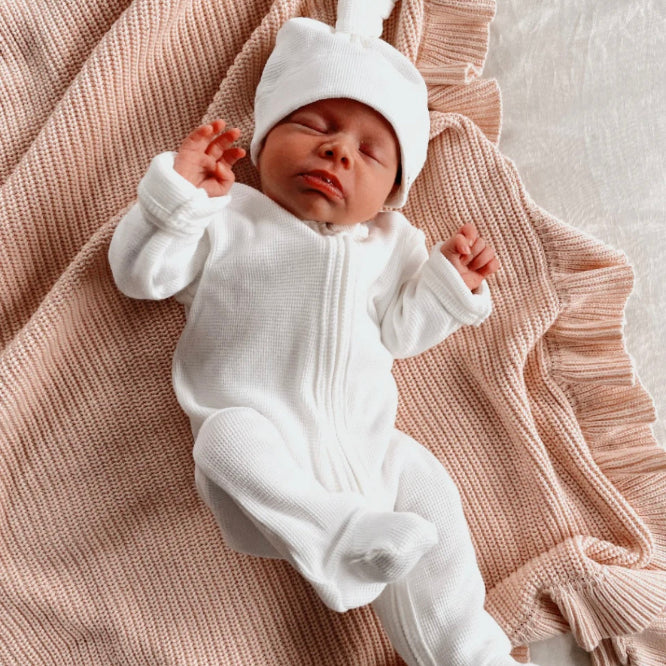 My First Outfit - Footed Overalls & Beanie Set - Powder White